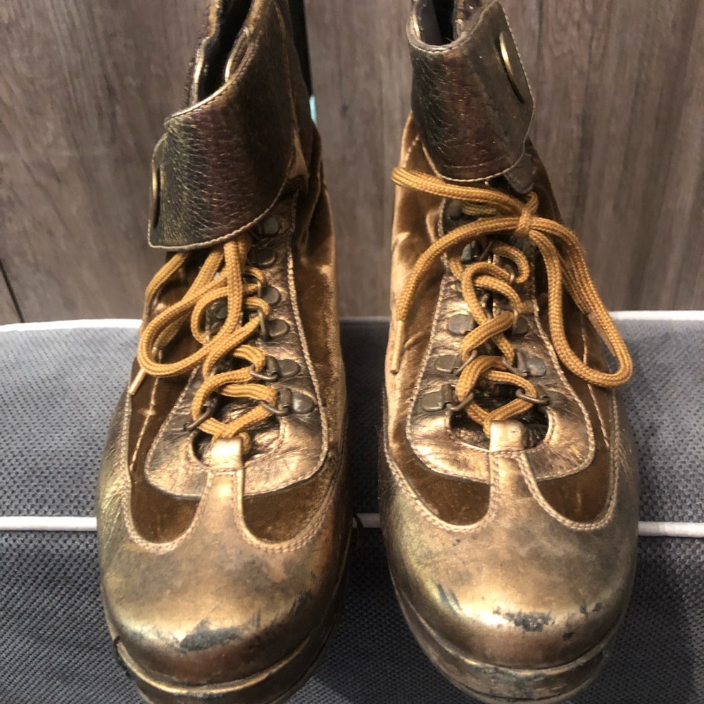 Stuart Weitzman Gold Leather Velvet Ankle Boots